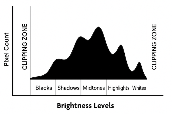 Diagram explaining a photography histogram graph, showing Pixel Count on the Y-axis and Brightness Levels (Blacks, Shadows, Midtones, Highlights, Whites) on the X-axis, with Clipping Zones indicated at both ends