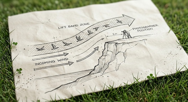 sketch of a cliff face showing how incoming wind deflects upward to create a lift band zone